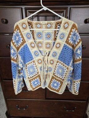 POL,  Blue, Cream & Brown Crochet Patchwork Tie-Front Cardigan, One Size